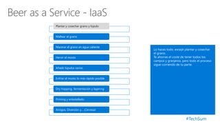 #TechSum
Plantar y cosechar grano y lúpulo
Maltear el grano
Macerar el grano en agua caliente
Hervir el mosto
Añadir lúpulos varios
Enfríar el mosto lo más rápido posible
Dry hopping, fermentación y lagering
Priming y enbotellado
Amigos, Diversión y… ¡Cerveza!
 