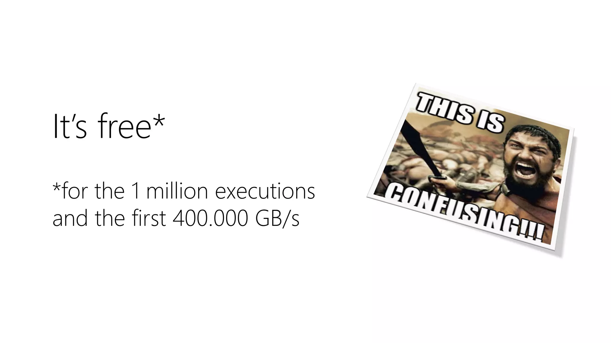It’s free*
*for the 1 million executions
and the first 400.000 GB/s
 