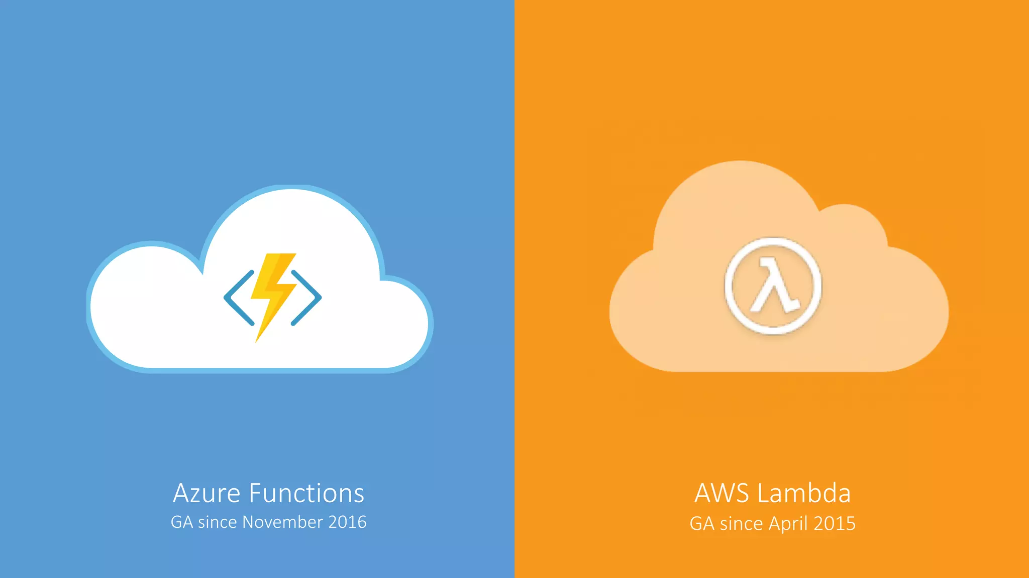 AWS	Lambda
GA	since	April	2015
Azure	Functions
GA	since	November	2016
 