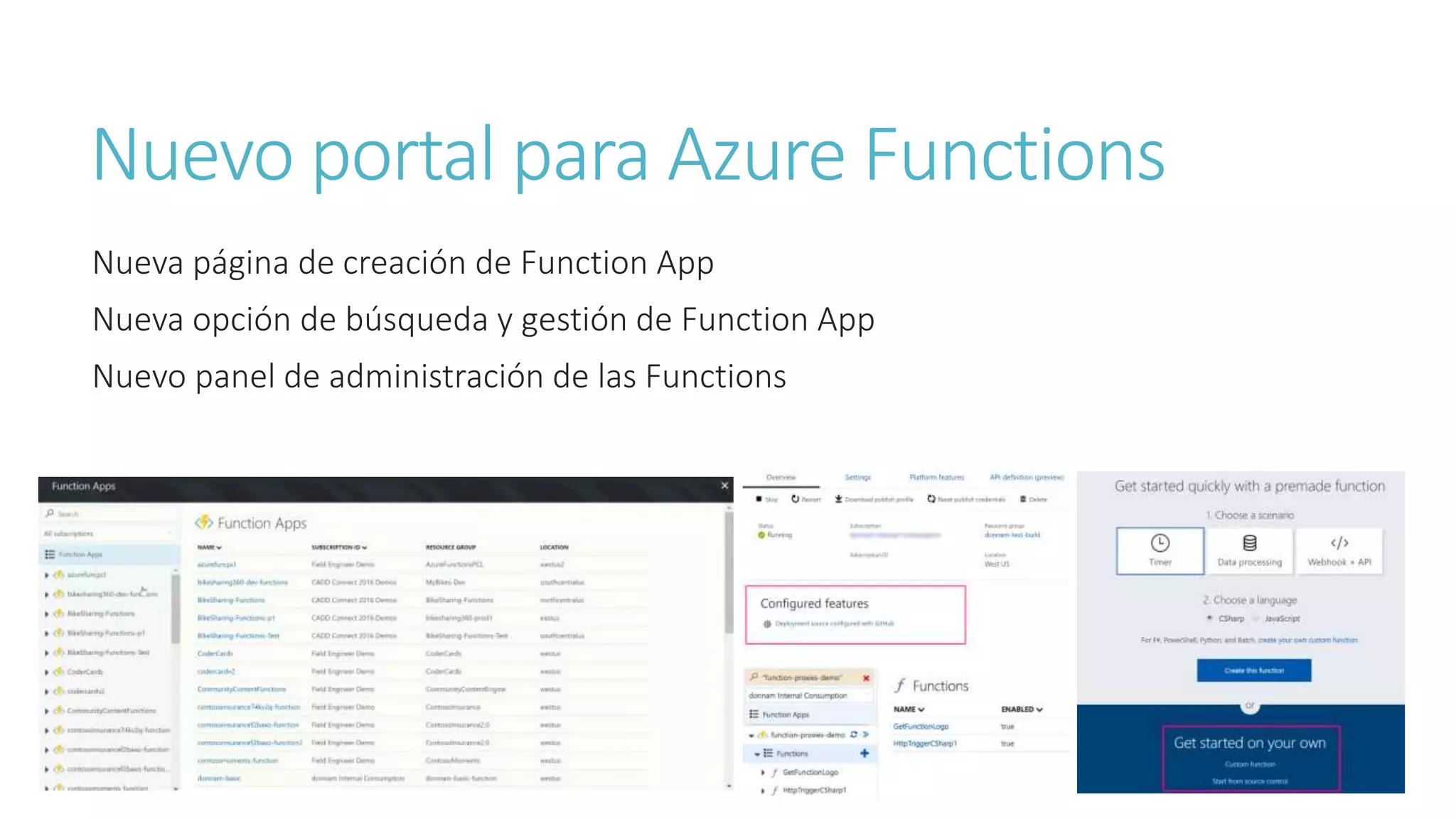 Nuevo portal para Azure Functions
Nueva página de creación de Function App
Nueva opción de búsqueda y gestión de Function App
Nuevo panel de administración de las Functions
 