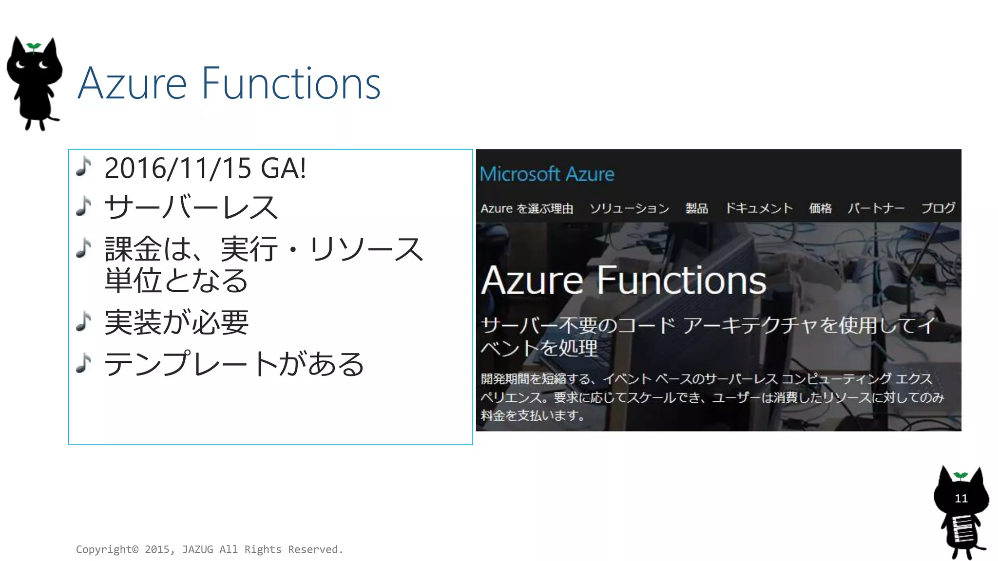 Azure Functions
2016/11/15 GA!
サーバーレス
課金は、実行・リソース
単位となる
実装が必要
テンプレートがある
Copyright© 2015, JAZUG All Rights Reserved.
11
 