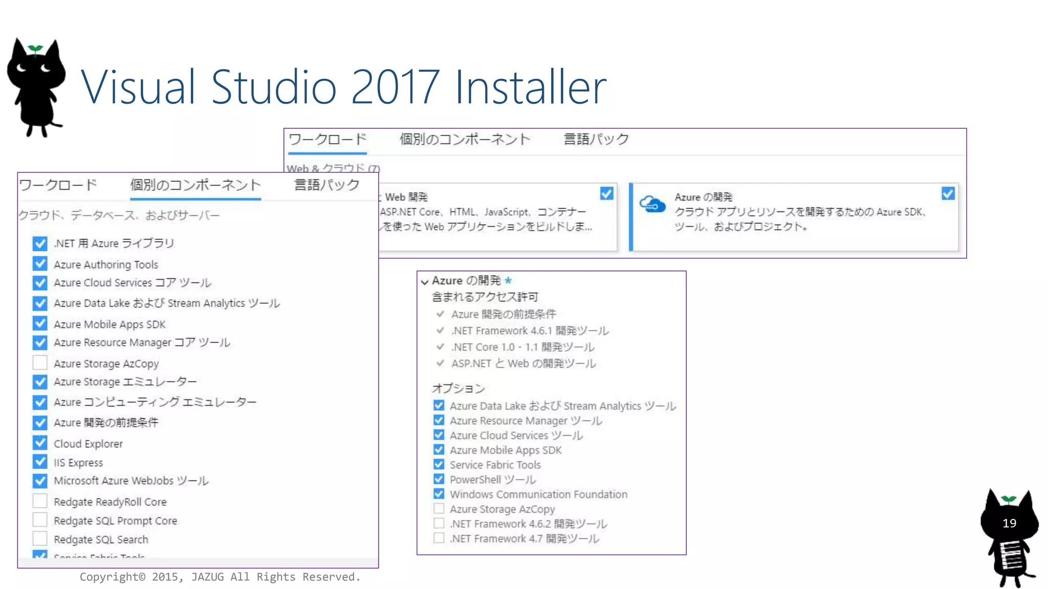Visual Studio 2017 Installer
Copyright© 2015, JAZUG All Rights Reserved.
19
 