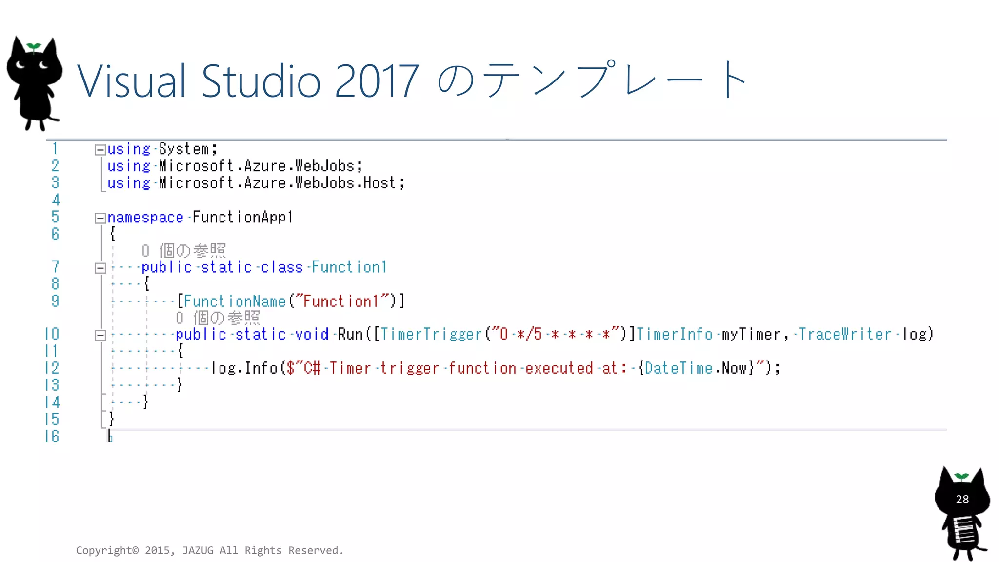 Visual Studio 2017 のテンプレート
Copyright© 2015, JAZUG All Rights Reserved.
28
 