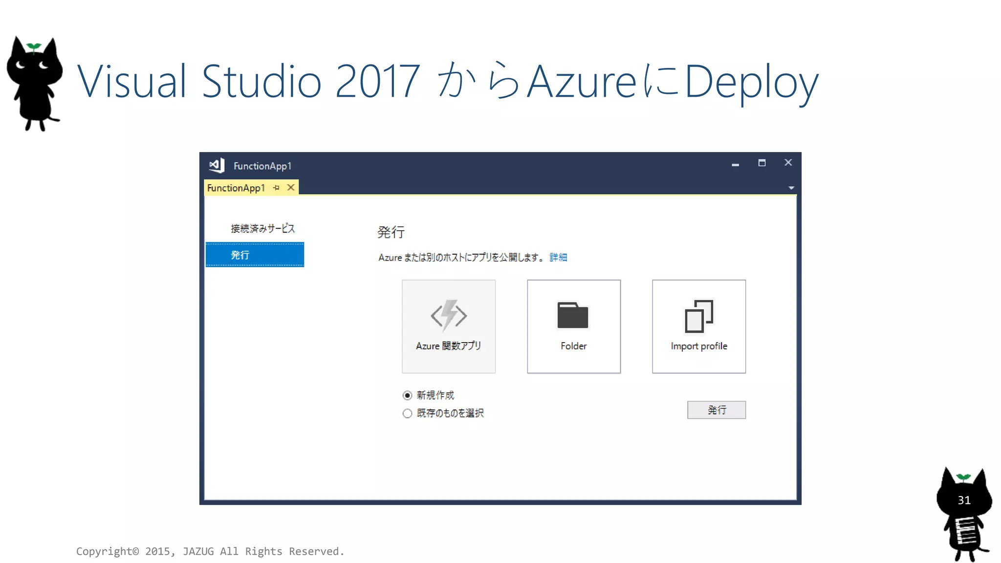 Visual Studio 2017 からAzureにDeploy
Copyright© 2015, JAZUG All Rights Reserved.
31
 