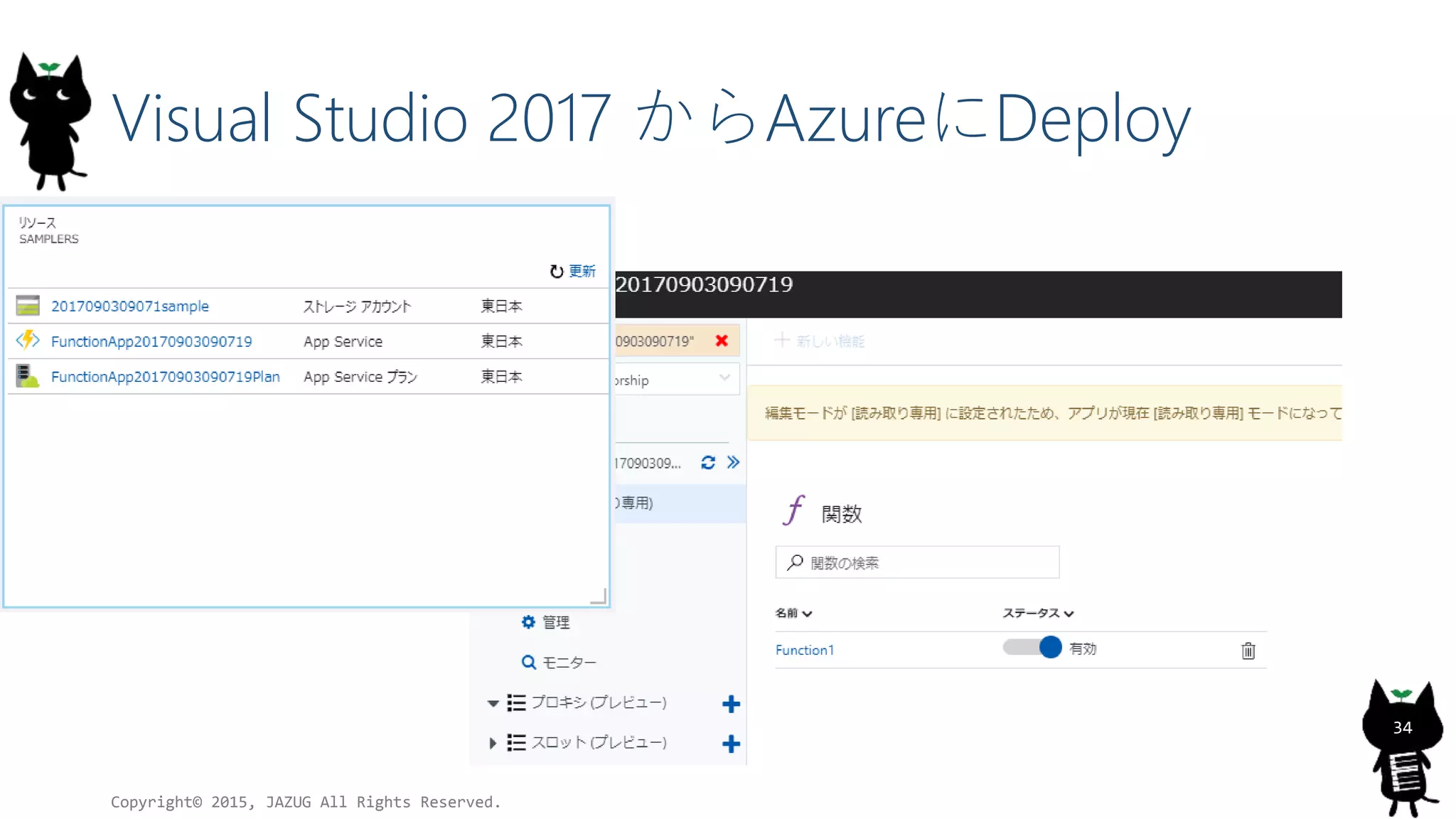 Visual Studio 2017 からAzureにDeploy
Copyright© 2015, JAZUG All Rights Reserved.
34
 