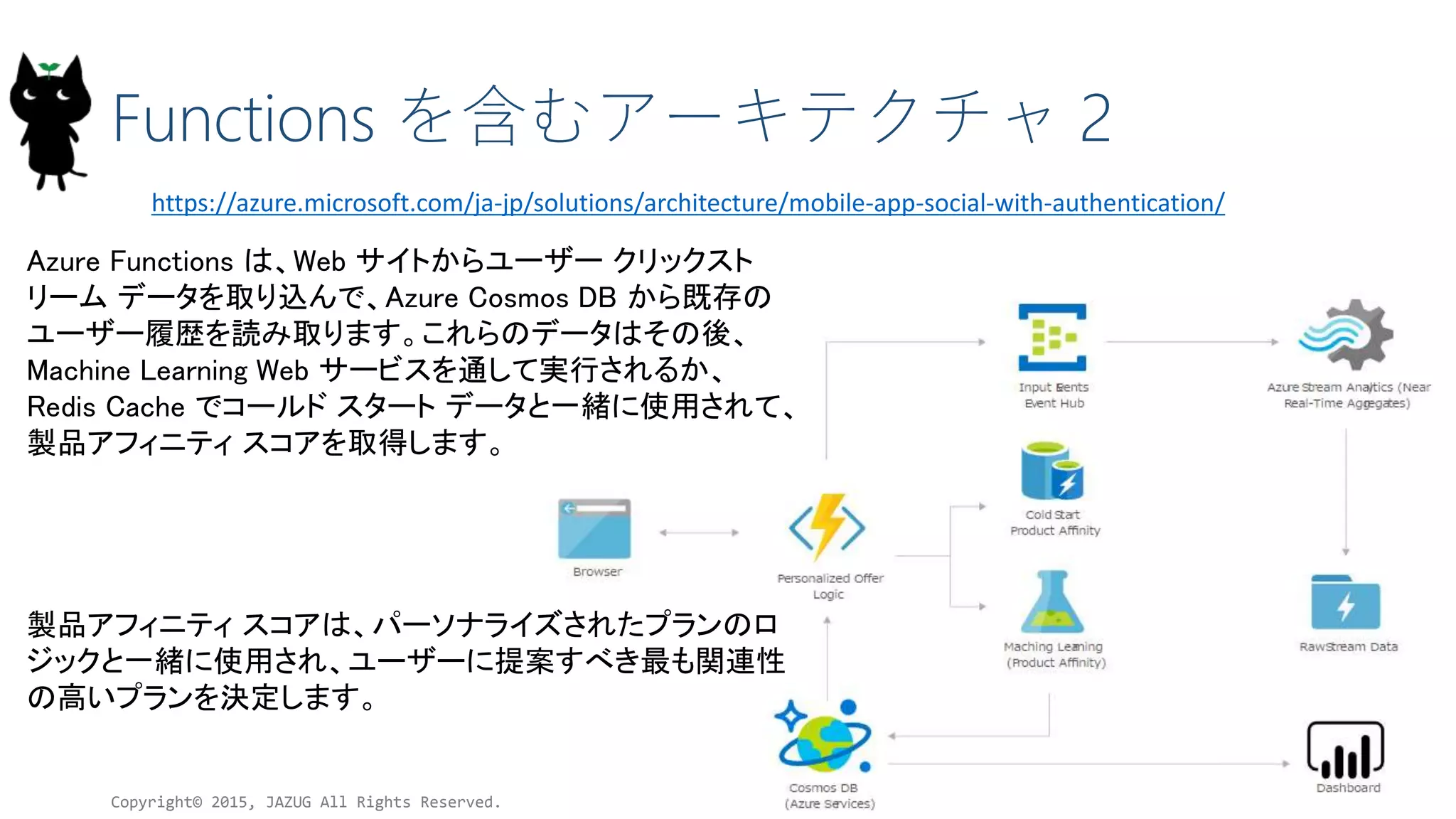 Functions を含むアーキテクチャ 2
Copyright© 2015, JAZUG All Rights Reserved.
43
https://azure.microsoft.com/ja-jp/solutions/architecture/mobile-app-social-with-authentication/
Azure Functions は、Web サイトからユーザー クリックスト
リーム データを取り込んで、Azure Cosmos DB から既存の
ユーザー履歴を読み取ります。これらのデータはその後、
Machine Learning Web サービスを通して実行されるか、
Redis Cache でコールド スタート データと一緒に使用されて、
製品アフィニティ スコアを取得します。
製品アフィニティ スコアは、パーソナライズされたプランのロ
ジックと一緒に使用され、ユーザーに提案すべき最も関連性
の高いプランを決定します。
 