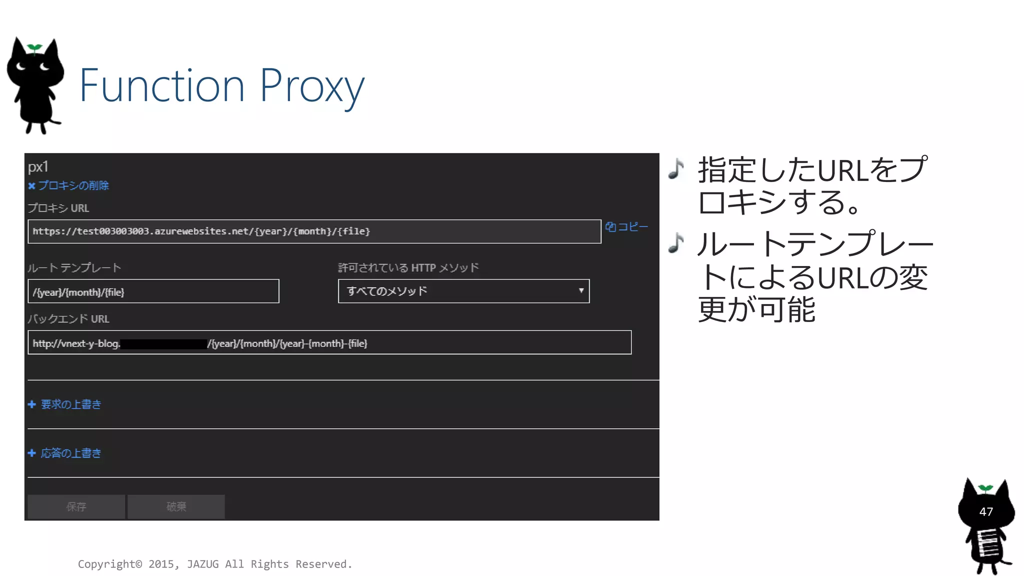 Function Proxy
Copyright© 2015, JAZUG All Rights Reserved.
47
指定したURLをプ
ロキシする。
ルートテンプレー
トによるURLの変
更が可能
 