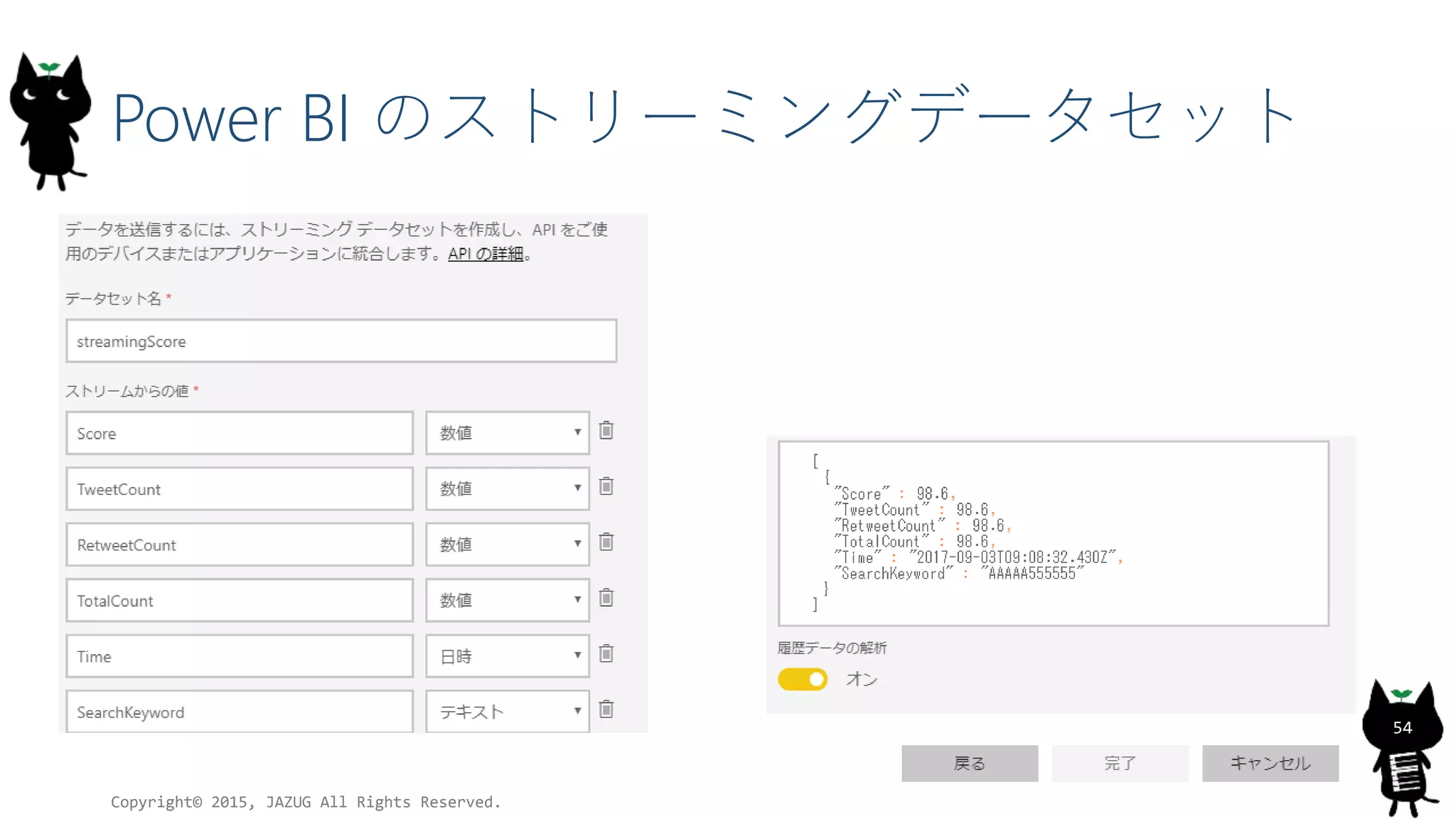 Power BI のストリーミングデータセット
Copyright© 2015, JAZUG All Rights Reserved.
54
 
