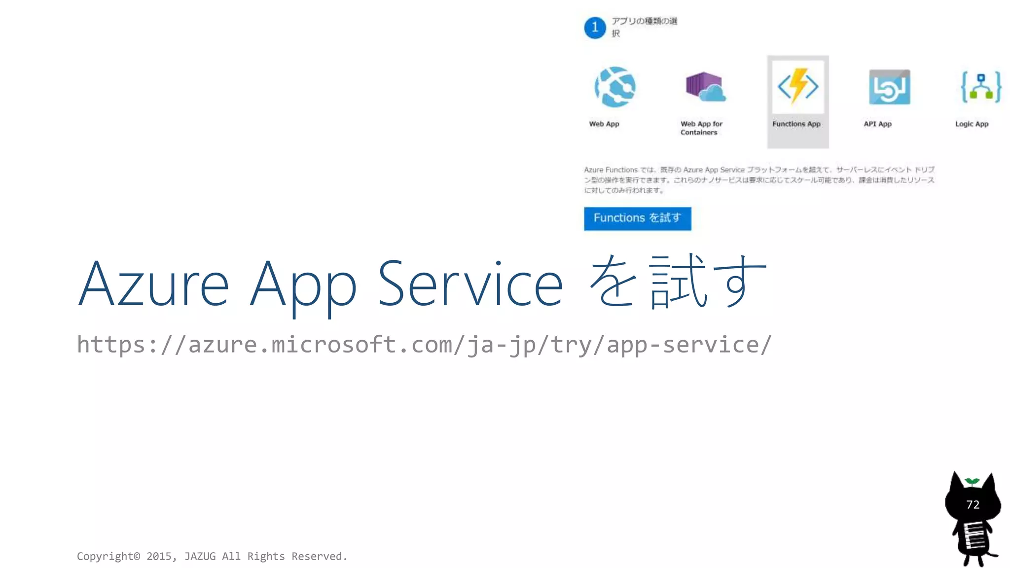 Azure App Service を試す
https://azure.microsoft.com/ja-jp/try/app-service/
Copyright© 2015, JAZUG All Rights Reserved.
72
 