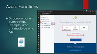 Azure Functions
 Disparado por um
evento Http.
Exemplo: uma
chamada de uma
Api.
 