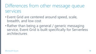 Microsoft Azure
Differences from other message queue
services
•Event Grid are centered around speed, scale,
breadth, and low cost
•Rather than being a general / generic messaging
service, Event Grid is built specifically for Serverless
architectures
14
 