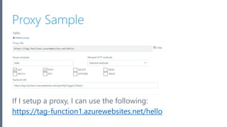 Microsoft Azure
Proxy Sample
55
If I setup a proxy, I can use the following:
https://tag-function1.azurewebsites.net/hello
 