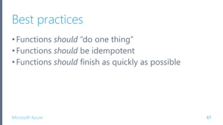 Microsoft Azure
Best practices
•Functions should “do one thing”
•Functions should be idempotent
•Functions should finish as quickly as possible
67
 