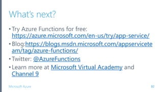 Microsoft Azure
What’s next?
•Try Azure Functions for free:
https://azure.microsoft.com/en-us/try/app-service/
•Blog:https://blogs.msdn.microsoft.com/appservicete
am/tag/azure-functions/
•Twitter: @AzureFunctions
•Learn more at Microsoft Virtual Academy and
Channel 9
82
 