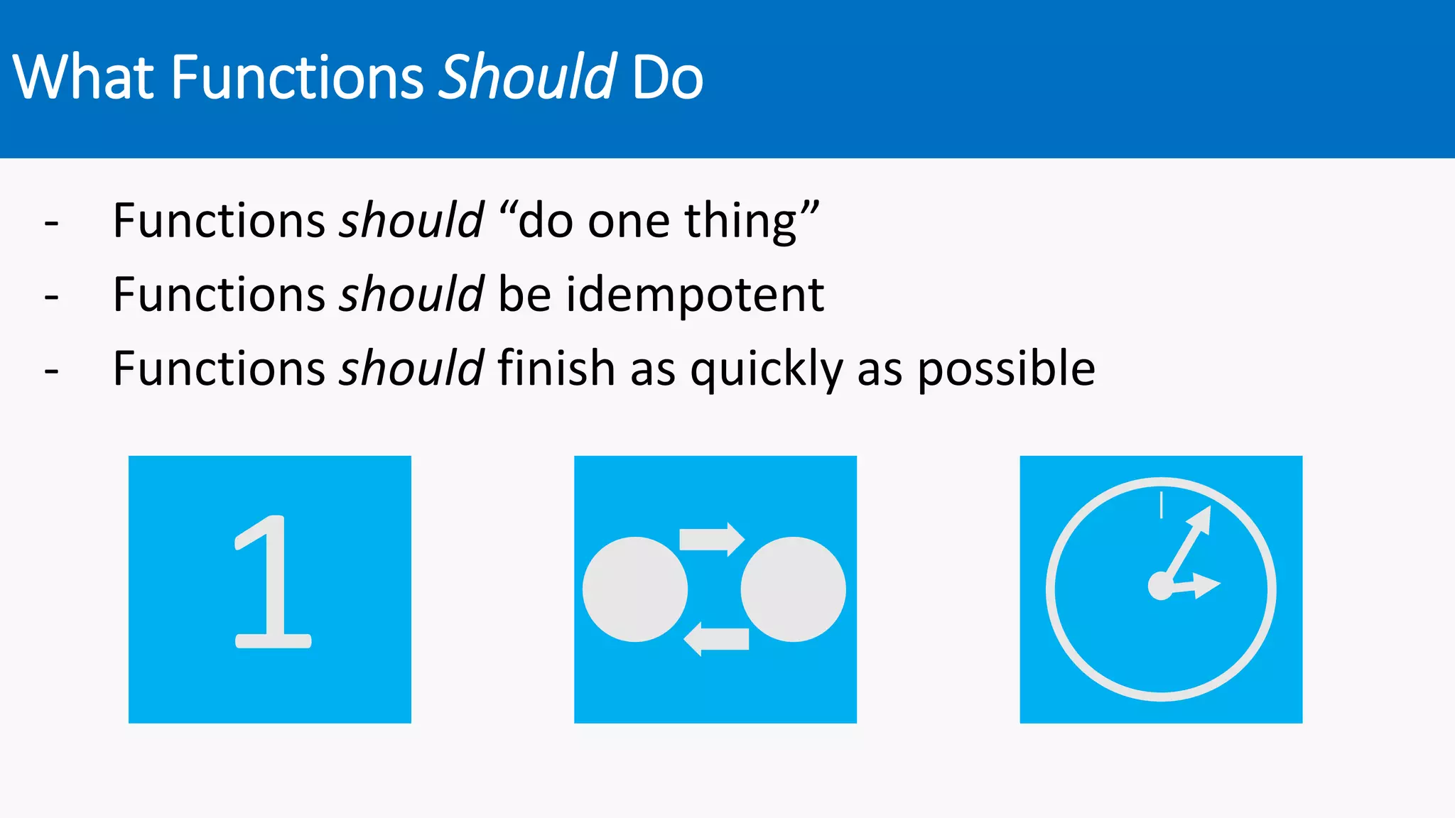 - Functions should “do one thing”
- Functions should be idempotent
- Functions should finish as quickly as possible
1
What Functions Should Do
 