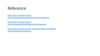 Reference
https://docs.microsoft.com/en-
us/azure/storage/queues/storage-queues-introduction
https://docs.microsoft.com/en-
us/azure/storage/blobs/storage-blobs-introduction
https://docs.microsoft.com/en-us/azure/architecture/example-
scenario/data/data-warehouse
 