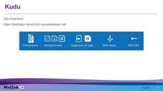 Kudu
Site Extension
https://[webapp-name].scm.azurewebsites.net
18-4-2016 30
 
