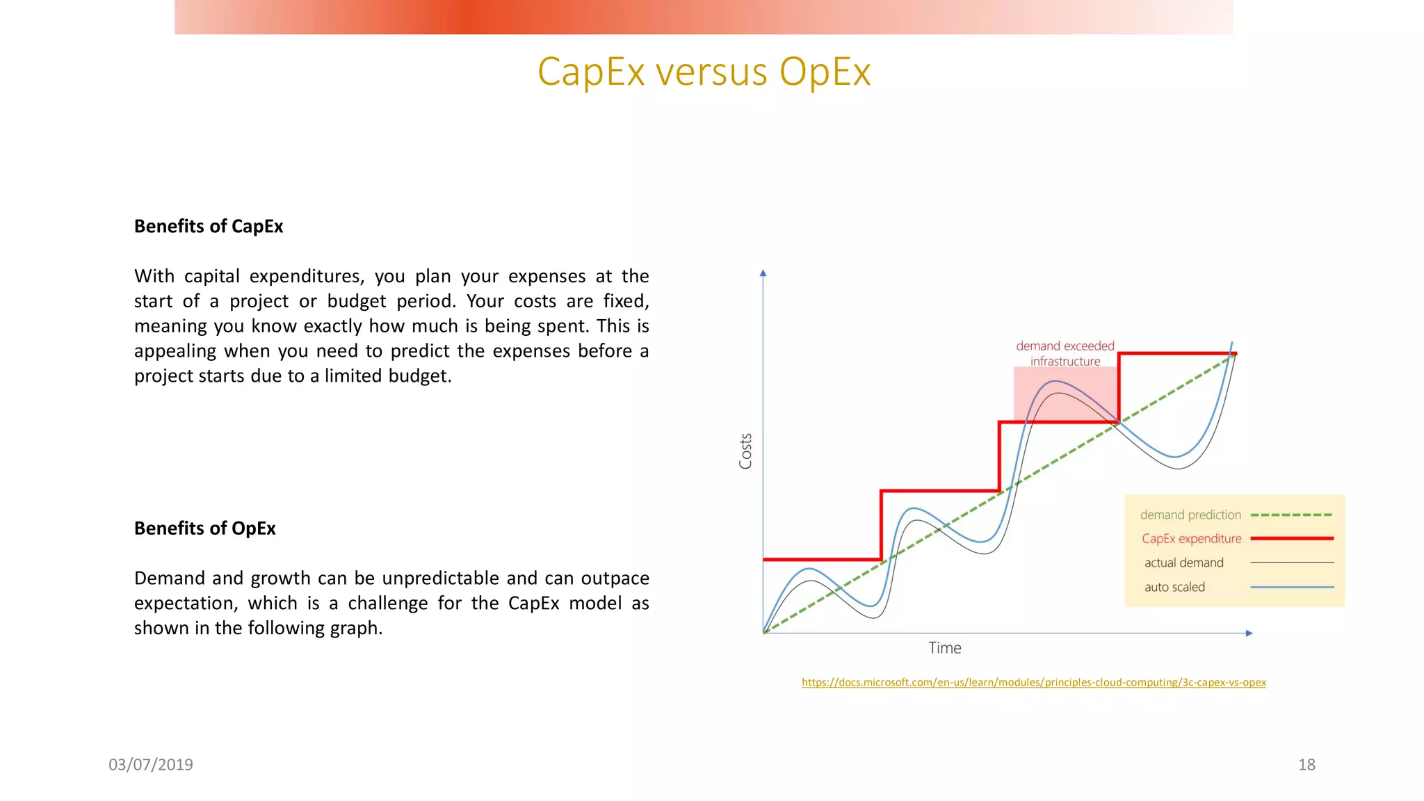 CapEx versus OpEx
03/07/2019 18
Benefits of CapEx
With capital expenditures, you plan your expenses at the
start of a project or budget period. Your costs are fixed,
meaning you know exactly how much is being spent. This is
appealing when you need to predict the expenses before a
project starts due to a limited budget.
Benefits of OpEx
Demand and growth can be unpredictable and can outpace
expectation, which is a challenge for the CapEx model as
shown in the following graph.
https://docs.microsoft.com/en-us/learn/modules/principles-cloud-computing/3c-capex-vs-opex
 