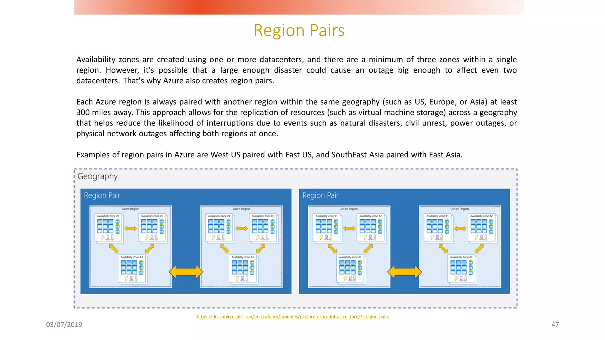 Region Pairs
03/07/2019 47
Availability zones are created using one or more datacenters, and there are a minimum of three zones within a single
region. However, it's possible that a large enough disaster could cause an outage big enough to affect even two
datacenters. That's why Azure also creates region pairs.
Each Azure region is always paired with another region within the same geography (such as US, Europe, or Asia) at least
300 miles away. This approach allows for the replication of resources (such as virtual machine storage) across a geography
that helps reduce the likelihood of interruptions due to events such as natural disasters, civil unrest, power outages, or
physical network outages affecting both regions at once.
Examples of region pairs in Azure are West US paired with East US, and SouthEast Asia paired with East Asia.
https://docs.microsoft.com/en-us/learn/modules/explore-azure-infrastructure/5-region-pairs
 