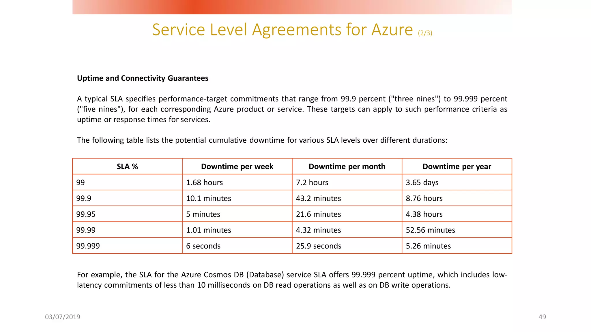Service Level Agreements for Azure (2/3)
03/07/2019 49
Uptime and Connectivity Guarantees
A typical SLA specifies performance-target commitments that range from 99.9 percent ("three nines") to 99.999 percent
("five nines"), for each corresponding Azure product or service. These targets can apply to such performance criteria as
uptime or response times for services.
The following table lists the potential cumulative downtime for various SLA levels over different durations:
For example, the SLA for the Azure Cosmos DB (Database) service SLA offers 99.999 percent uptime, which includes low-
latency commitments of less than 10 milliseconds on DB read operations as well as on DB write operations.
SLA % Downtime per week Downtime per month Downtime per year
99 1.68 hours 7.2 hours 3.65 days
99.9 10.1 minutes 43.2 minutes 8.76 hours
99.95 5 minutes 21.6 minutes 4.38 hours
99.99 1.01 minutes 4.32 minutes 52.56 minutes
99.999 6 seconds 25.9 seconds 5.26 minutes
 