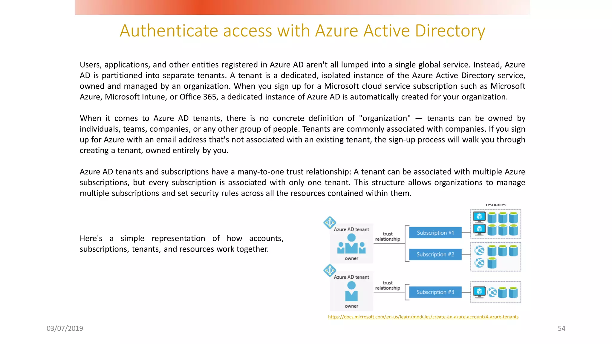 Authenticate access with Azure Active Directory
03/07/2019 54
Users, applications, and other entities registered in Azure AD aren't all lumped into a single global service. Instead, Azure
AD is partitioned into separate tenants. A tenant is a dedicated, isolated instance of the Azure Active Directory service,
owned and managed by an organization. When you sign up for a Microsoft cloud service subscription such as Microsoft
Azure, Microsoft Intune, or Office 365, a dedicated instance of Azure AD is automatically created for your organization.
When it comes to Azure AD tenants, there is no concrete definition of "organization" — tenants can be owned by
individuals, teams, companies, or any other group of people. Tenants are commonly associated with companies. If you sign
up for Azure with an email address that's not associated with an existing tenant, the sign-up process will walk you through
creating a tenant, owned entirely by you.
Azure AD tenants and subscriptions have a many-to-one trust relationship: A tenant can be associated with multiple Azure
subscriptions, but every subscription is associated with only one tenant. This structure allows organizations to manage
multiple subscriptions and set security rules across all the resources contained within them.
Here's a simple representation of how accounts,
subscriptions, tenants, and resources work together.
https://docs.microsoft.com/en-us/learn/modules/create-an-azure-account/4-azure-tenants
 