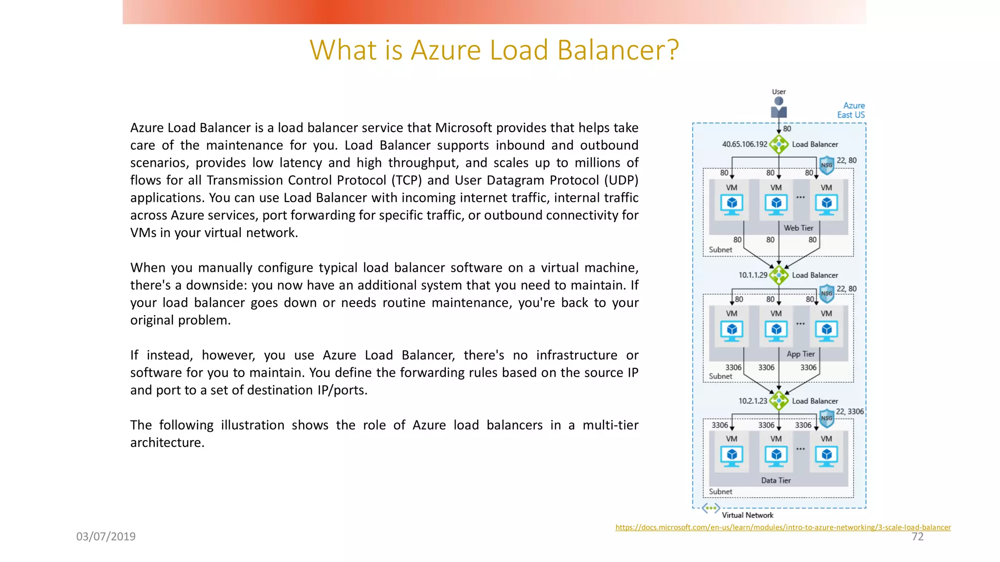 What is Azure Load Balancer?
03/07/2019 72
Azure Load Balancer is a load balancer service that Microsoft provides that helps take
care of the maintenance for you. Load Balancer supports inbound and outbound
scenarios, provides low latency and high throughput, and scales up to millions of
flows for all Transmission Control Protocol (TCP) and User Datagram Protocol (UDP)
applications. You can use Load Balancer with incoming internet traffic, internal traffic
across Azure services, port forwarding for specific traffic, or outbound connectivity for
VMs in your virtual network.
When you manually configure typical load balancer software on a virtual machine,
there's a downside: you now have an additional system that you need to maintain. If
your load balancer goes down or needs routine maintenance, you're back to your
original problem.
If instead, however, you use Azure Load Balancer, there's no infrastructure or
software for you to maintain. You define the forwarding rules based on the source IP
and port to a set of destination IP/ports.
The following illustration shows the role of Azure load balancers in a multi-tier
architecture.
https://docs.microsoft.com/en-us/learn/modules/intro-to-azure-networking/3-scale-load-balancer
 