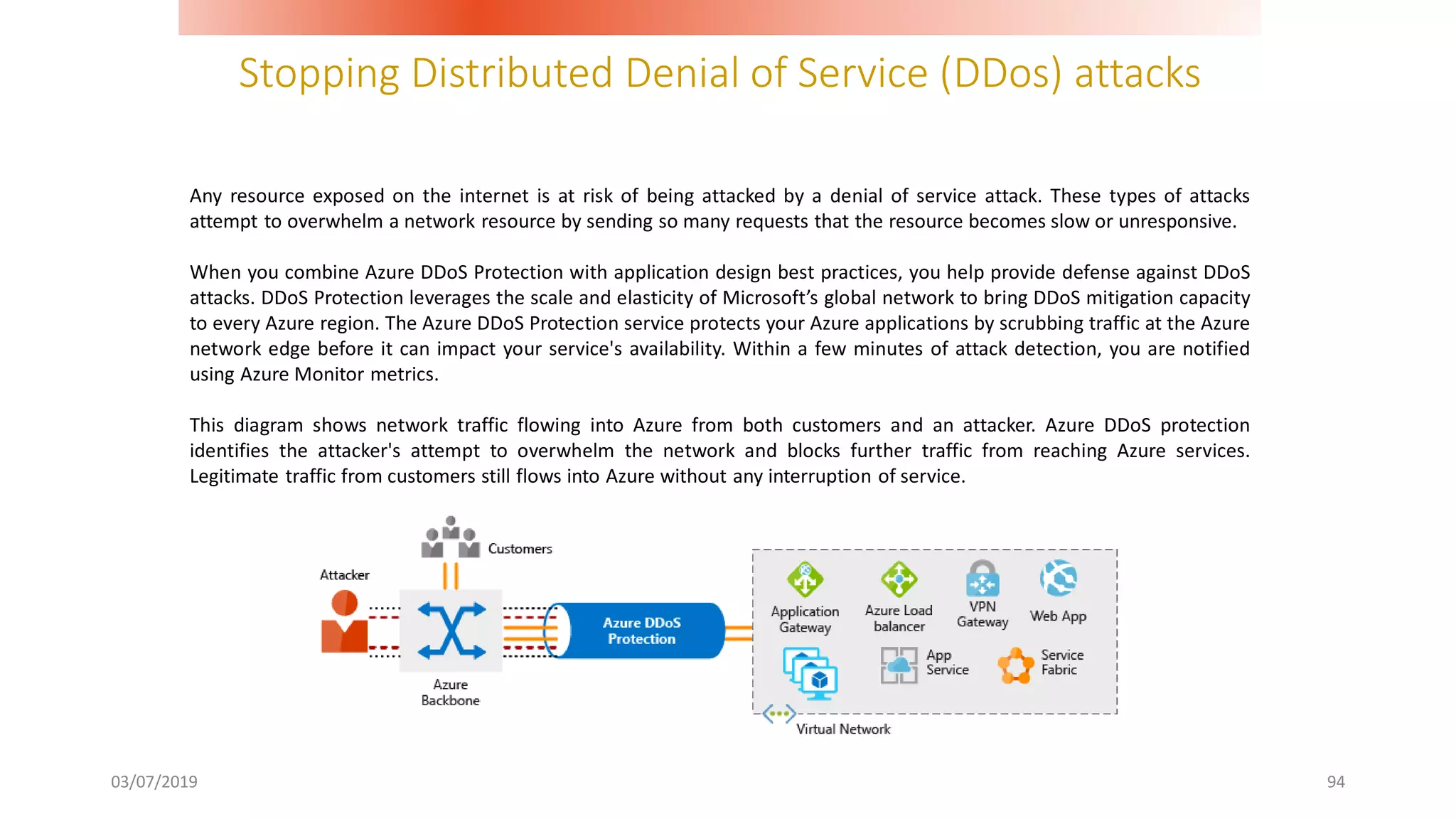 Stopping Distributed Denial of Service (DDos) attacks
03/07/2019 94
Any resource exposed on the internet is at risk of being attacked by a denial of service attack. These types of attacks
attempt to overwhelm a network resource by sending so many requests that the resource becomes slow or unresponsive.
When you combine Azure DDoS Protection with application design best practices, you help provide defense against DDoS
attacks. DDoS Protection leverages the scale and elasticity of Microsoft’s global network to bring DDoS mitigation capacity
to every Azure region. The Azure DDoS Protection service protects your Azure applications by scrubbing traffic at the Azure
network edge before it can impact your service's availability. Within a few minutes of attack detection, you are notified
using Azure Monitor metrics.
This diagram shows network traffic flowing into Azure from both customers and an attacker. Azure DDoS protection
identifies the attacker's attempt to overwhelm the network and blocks further traffic from reaching Azure services.
Legitimate traffic from customers still flows into Azure without any interruption of service.
 