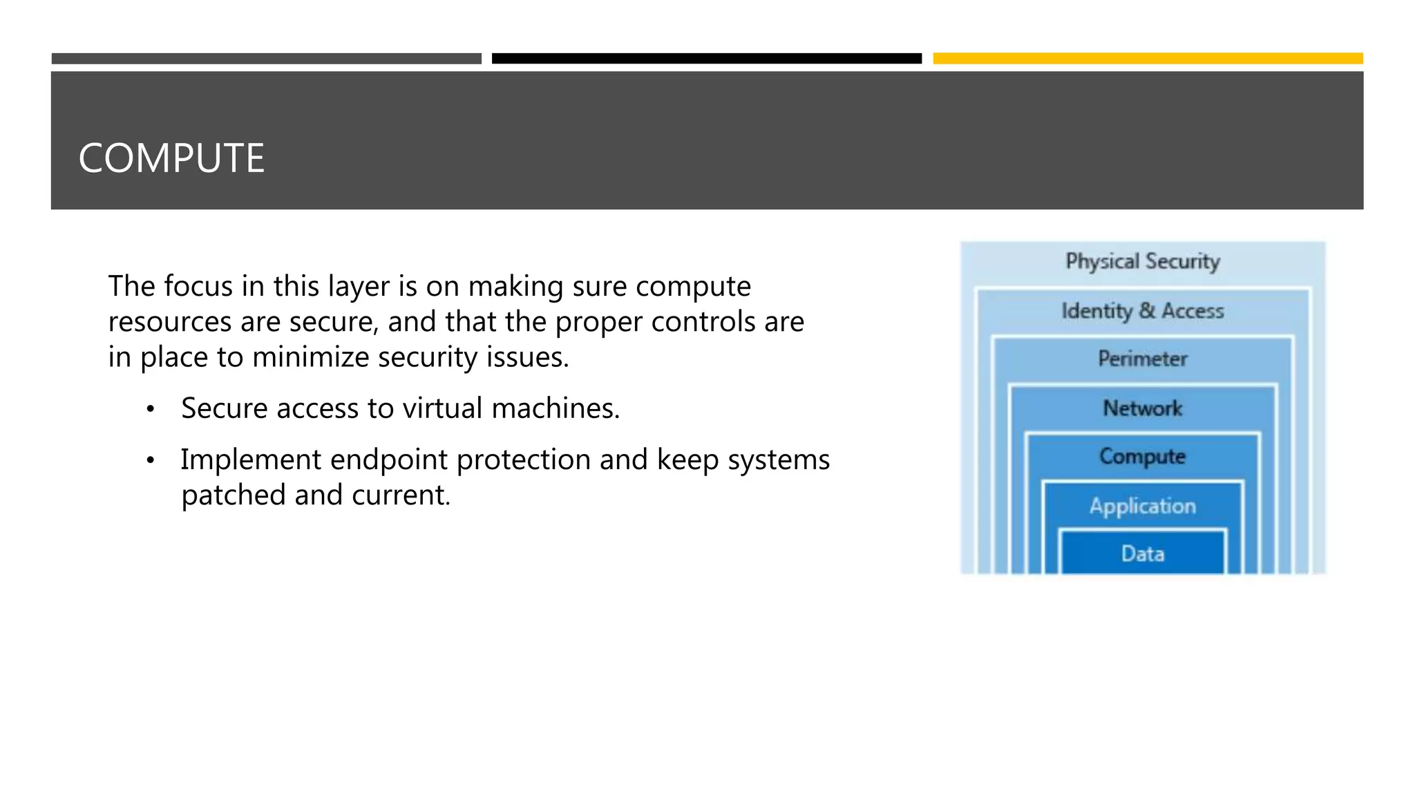COMPUTE
The focus in this layer is on making sure compute
resources are secure, and that the proper controls are
in place to minimize security issues.
• Secure access to virtual machines.
• Implement endpoint protection and keep systems
patched and current.
 