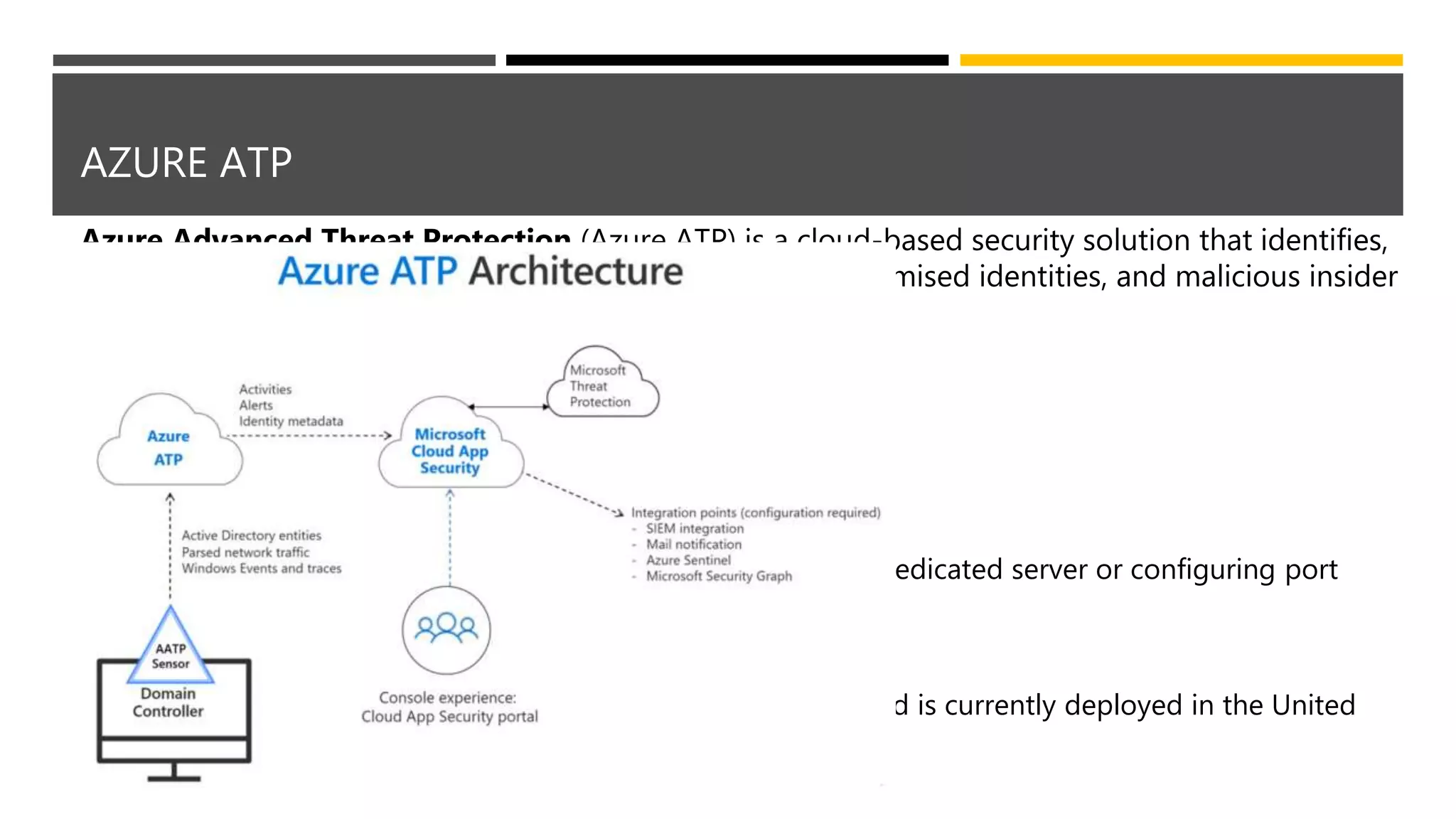 AZURE ATP
Azure Advanced Threat Protection (Azure ATP) is a cloud-based security solution that identifies,
detects, and helps you investigate advanced threats, compromised identities, and malicious insider
actions directed at your organization.
Components include:
• Azure ATP portal
o Monitor and respond to suspicious activity.
• Azure ATP sensor
o Monitors domain controller traffic without requiring a dedicated server or configuring port
mirroring.
• Azure ATP cloud service
o Azure ATP cloud service runs on Azure infrastructure and is currently deployed in the United
States, Europe, and Asia.
 
