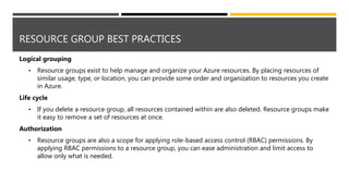 RESOURCE GROUP BEST PRACTICES
Logical grouping
• Resource groups exist to help manage and organize your Azure resources. By placing resources of
similar usage, type, or location, you can provide some order and organization to resources you create
in Azure.
Life cycle
• If you delete a resource group, all resources contained within are also deleted. Resource groups make
it easy to remove a set of resources at once.
Authorization
• Resource groups are also a scope for applying role-based access control (RBAC) permissions. By
applying RBAC permissions to a resource group, you can ease administration and limit access to
allow only what is needed.
 