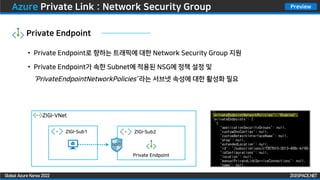 ZIGISPACE.NET
ZIGISPACE.NET
Global Azure Korea 2022
Preview
Azure Private Link : Network Security Group
• Private Endpoint로 향하는 트래픽에 대한 Network Security Group 지원
• Private Endpoint가 속한 Subnet에 적용된 NSG에 정책 설정 및
’PrivateEndpointNetworkPolicies’ 라는 서브넷 속성에 대한 활성화 필요
Private Endpoint
ZIGI-VNet
ZIGI-Sub1 ZIGI-Sub2
Private Endpoint
 