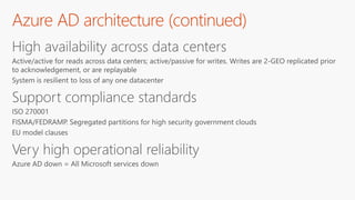 Azure AD architecture (continued)
High availability across data centers
Support compliance standards
Very high operational reliability
 