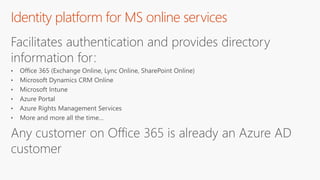 Identity platform for MS online services
Facilitates authentication and provides directory
information for:
Any customer on Office 365 is already an Azure AD
customer
 