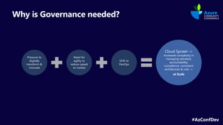 #AzConfDev
Why is Governance needed?
Pressure to
digitally
transform &
innovate
Need for
agility to
reduce speed
to market
Shift to
DevOps
Cloud Sprawl ->
Increased complexity in
managing standard,
accountability,
compliance, consistent
architecture & cost ->
at Scale
 