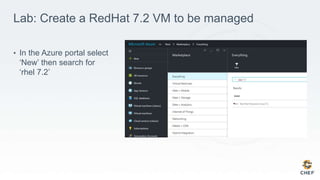 Lab: Create a RedHat 7.2 VM to be managed
• In the Azure portal select
‘New’ then search for
‘rhel 7.2’
 