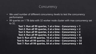 • We used number of different concurrency levels to test the concurrency
performance
• 99 queries on 1 TB data with 32 worker node cluster with max concurrency set
to 32.
Test 1: Run all 99 queries, 1 at a time - Concurrency = 1
Test 2: Run all 99 queries, 2 at a time - Concurrency = 2
Test 3: Run all 99 queries, 4 at a time - Concurrency = 4
Test 4: Run all 99 queries, 8 at a time - Concurrency = 8
Test 5: Run all 99 queries, 16 at a time - Concurrency = 16
Test 6: Run all 99 queries, 32 at a time - Concurrency = 32
Test 7: Run all 99 queries, 64 at a time - Concurrency = 64
 