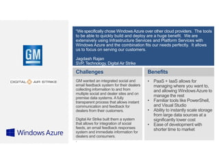 The tools
to be able to quickly build and deploy are a huge benefit. We are
extensively using Infrastructure Services and Platform Services with
Windows Azure and the combination fits our needs perfectly. It allows
us to focus on serving our customers.
Jagdash Rajan

 