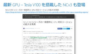 最新 GPU – Tesla V100 を搭載した NCv3 も登場
NCv3 VM シリーズの一般提供と GPU 対応リージョンの拡大を発表
https://blogs.technet.microsoft.com/jpitpro/2018/03/19/ncv3-vms-generally-available-other-gpus-expanding-regions/
 