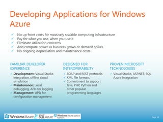 Developing Applications for Windows AzureNo up-front costs for massively scalable computing infrastructure