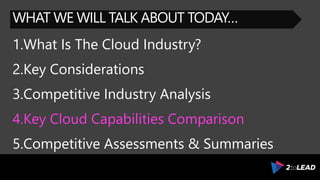 WHAT WE WILL TALK ABOUT TODAY…
1.What Is The Cloud Industry?
2.Key Considerations
3.Competitive Industry Analysis
4.Key Cloud Capabilities Comparison
5.Competitive Assessments & Summaries
 