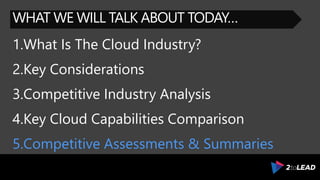 WHAT WE WILL TALK ABOUT TODAY…
1.What Is The Cloud Industry?
2.Key Considerations
3.Competitive Industry Analysis
4.Key Cloud Capabilities Comparison
5.Competitive Assessments & Summaries
 