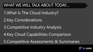 WHAT WE WILL TALK ABOUT TODAY…
1.What Is The Cloud Industry?
2.Key Considerations
3.Competitive Industry Analysis
4.Key Cloud Capabilities Comparison
5.Competitive Assessments & Summaries
 