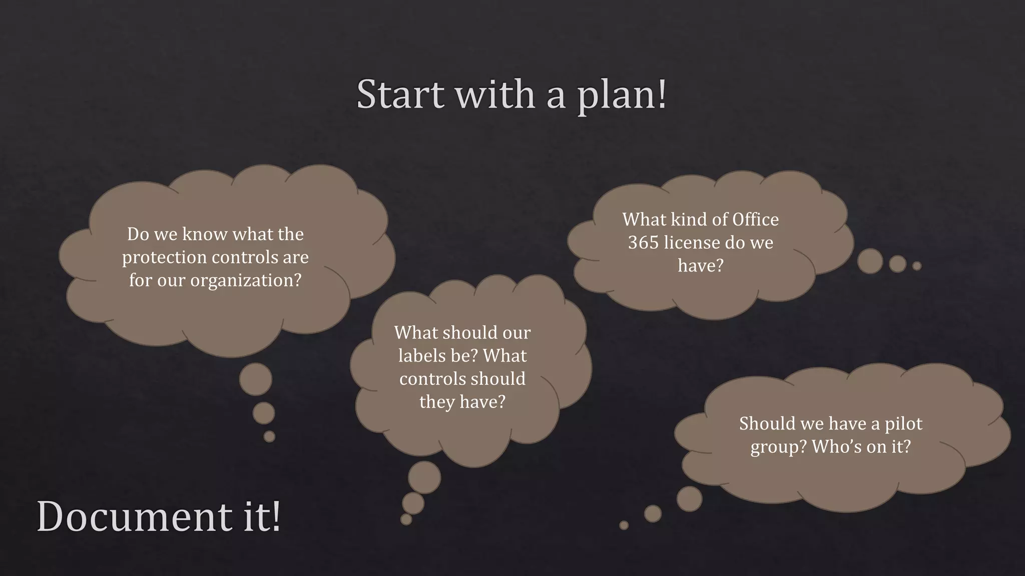What should our
labels be? What
controls should
they have?
Should we have a pilot
group? Who’s on it?
Do we know what the
protection controls are
for our organization?
What kind of Office
365 license do we
have?
 