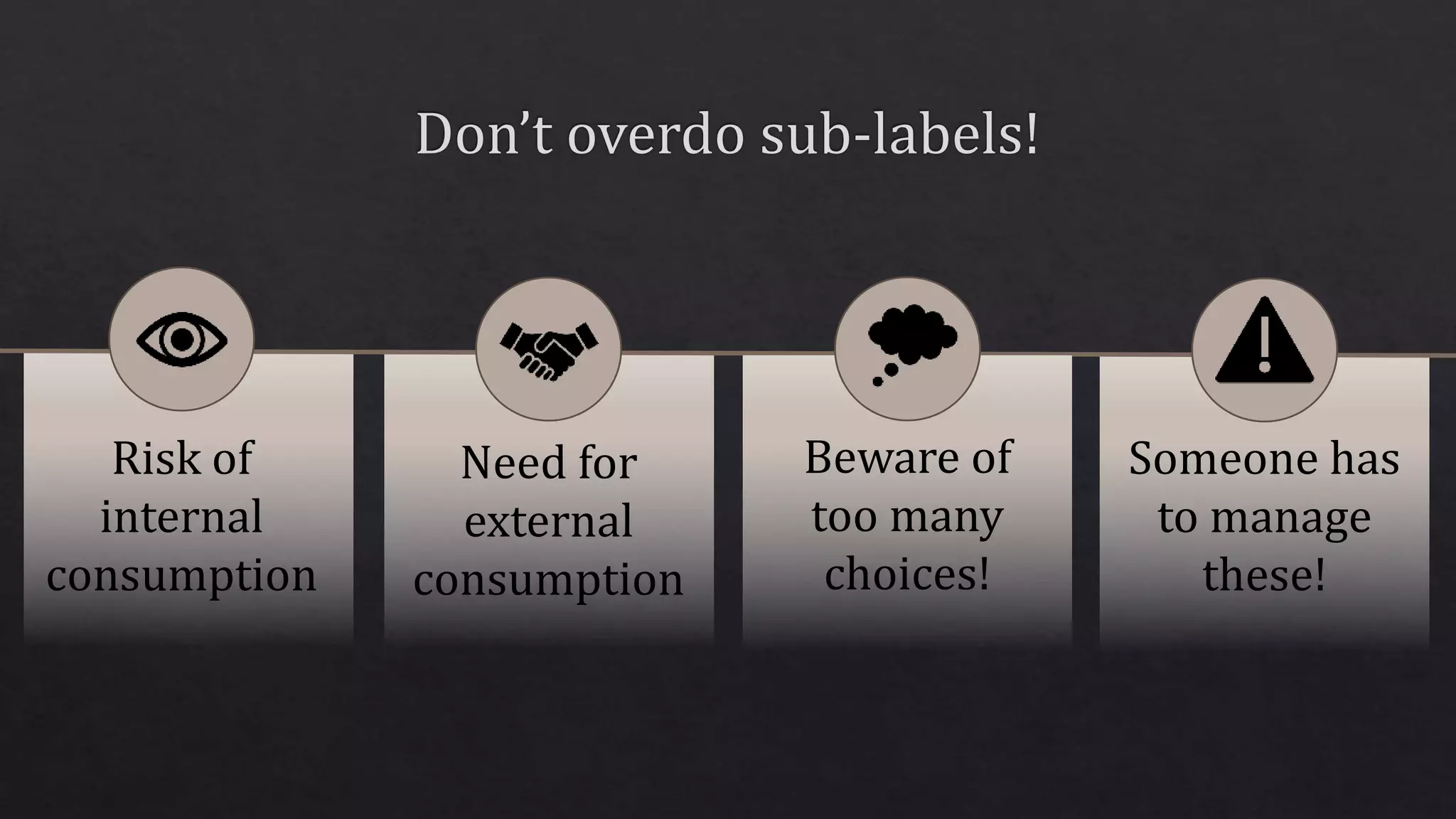Risk of
internal
consumption
Need for
external
consumption
Someone has
to manage
these!
Beware of
too many
choices!
 