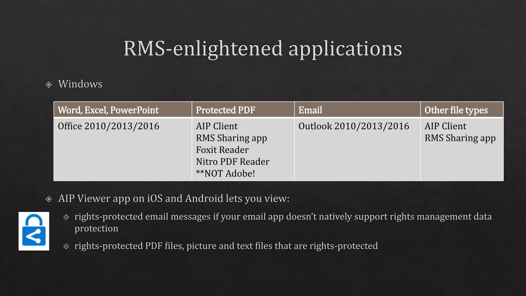 Word, Excel, PowerPoint Protected PDF Email Other file types
Office 2010/2013/2016 AIP Client
RMS Sharing app
Foxit Reader
Nitro PDF Reader
**NOT Adobe!
Outlook 2010/2013/2016 AIP Client
RMS Sharing app
 