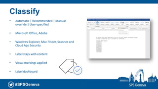 #SPSGeneva
Classify
• Automatic | Recommended | Manual
override | User-specified
• Microsoft Office, Adobe
• Windows Explorer, Mac Finder, Scanner and
Cloud App Security
• Label stays with content
• Visual markings applied
• Label dashboard
 