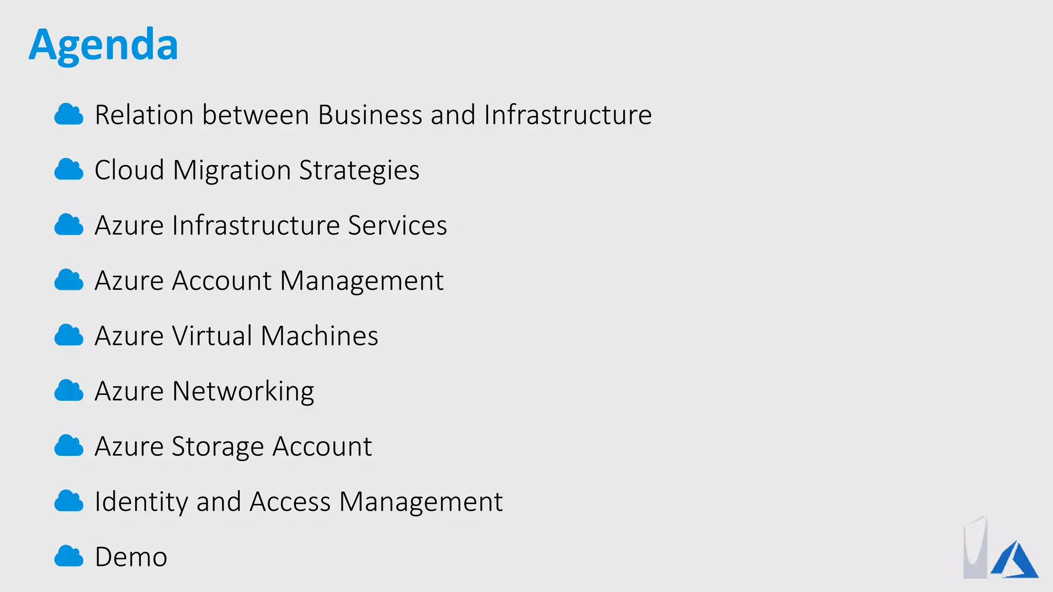 Agenda
Relation between Business and Infrastructure
Cloud Migration Strategies
Azure Infrastructure Services
Azure Account Management
Azure Virtual Machines
Azure Networking
Azure Storage Account
Identity and Access Management
Demo
 