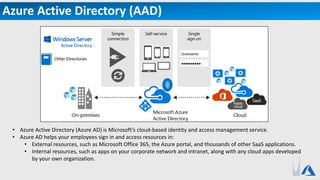 Azure Active Directory (AAD)
• Azure Active Directory (Azure AD) is Microsoft’s cloud-based identity and access management service.
• Azure AD helps your employees sign in and access resources in:
• External resources, such as Microsoft Office 365, the Azure portal, and thousands of other SaaS applications.
• Internal resources, such as apps on your corporate network and intranet, along with any cloud apps developed
by your own organization.
 