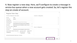 19
4. Now register a new step. Here, we’ll configure to create a message in
service bus queue when a new account gets created. So, let’s register the
step on create of account.
 