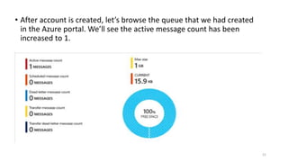 • After account is created, let’s browse the queue that we had created
in the Azure portal. We’ll see the active message count has been
increased to 1.
21
 